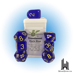 SET OF 7 DICE: TRANSLUCENT DARK BLUE/YELLOW